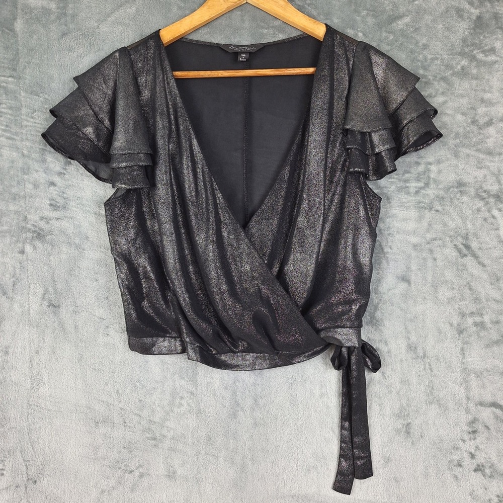 Womens Top 8 Black Metallic Wrap Fairy Grunge Crop Party Cyber Y2K Indie Sleaze